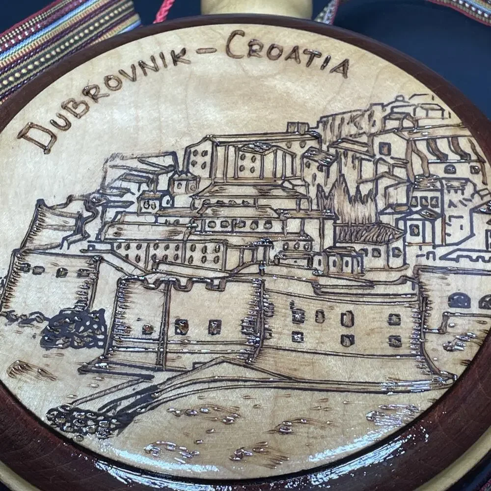 Vtg Wood Flask Canteen Handcrafted Folk Art Carved Pyrography Dubrovnik Croatia
